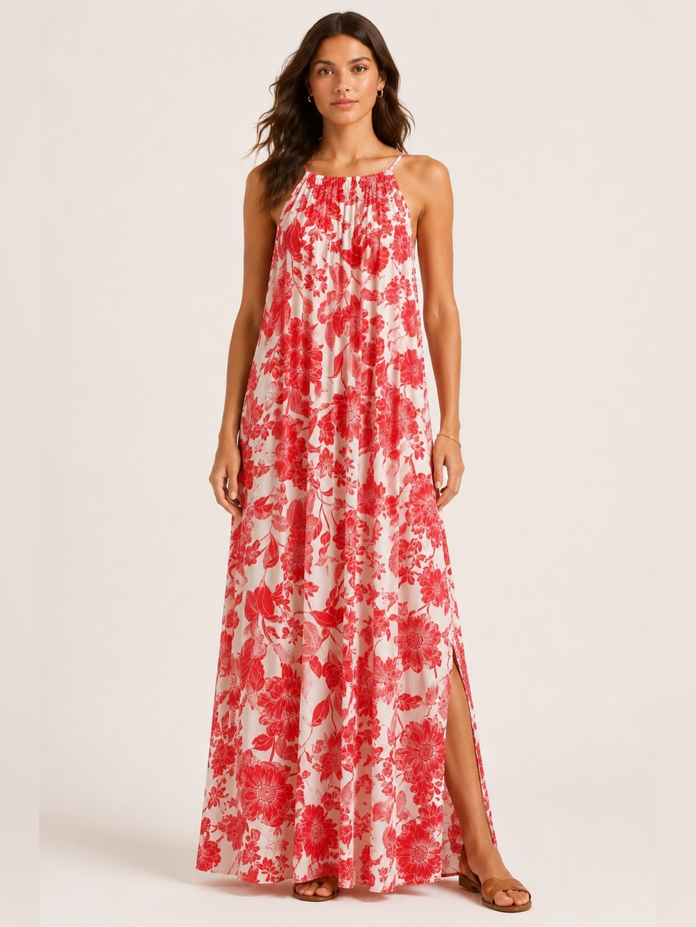Label of Love Floral Maxi High Neck Dress Red Tropical Boho Beach Sundress Med